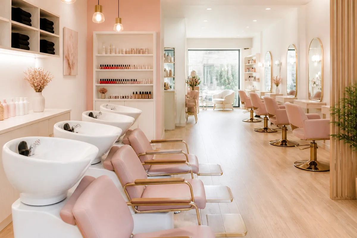 Salon de coiffure lumineux avec bacs de lavage et fauteuils alignés