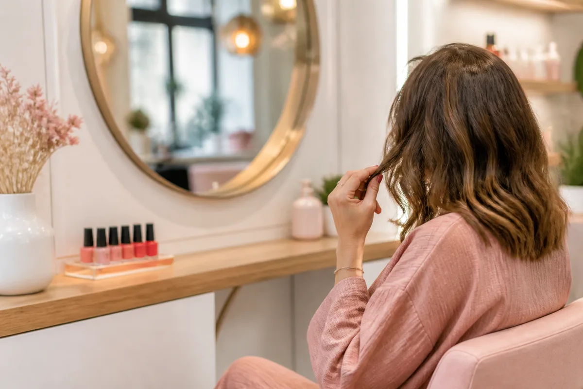 Cliente en consultation devant un miroir de salon, mèche de cheveux entre les doigts