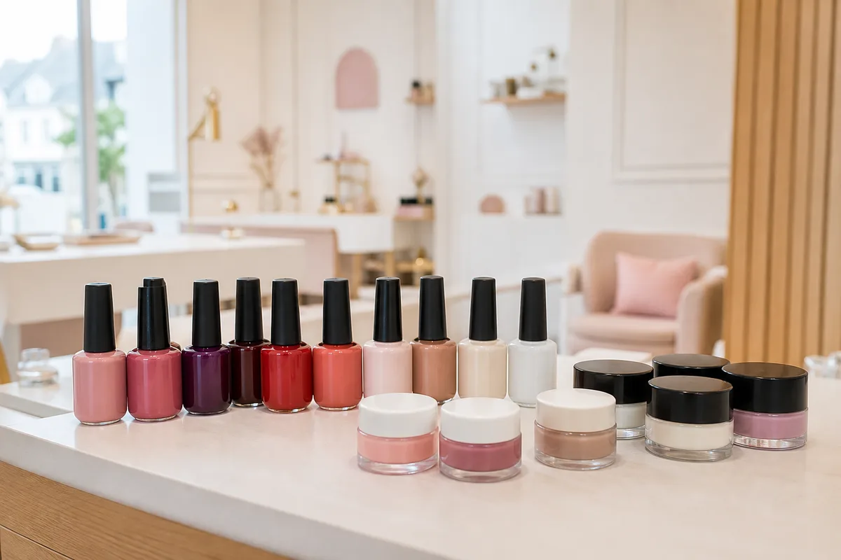 Flacons de vernis semi-permanent et pots de gel alignés sur un plan de travail clair