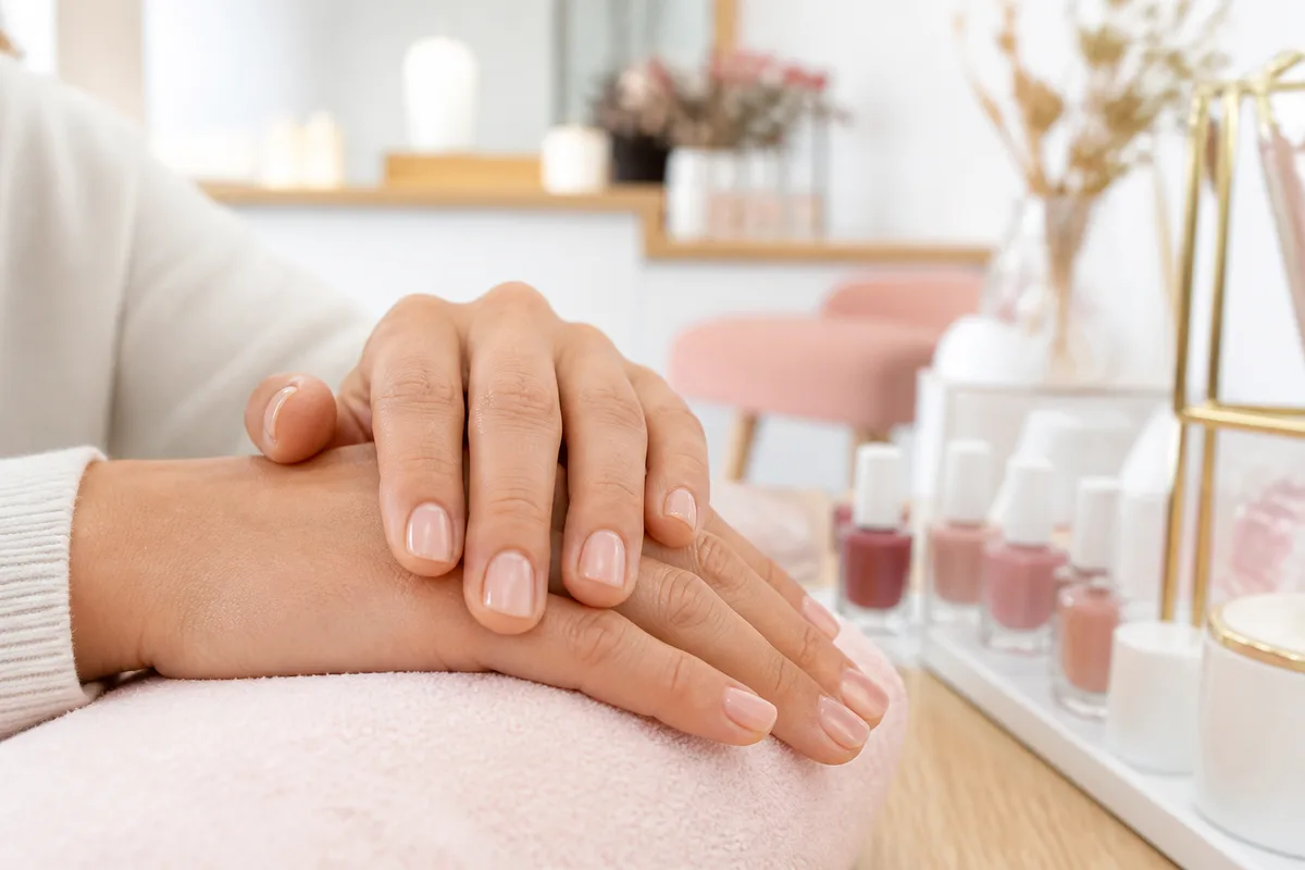 Mains aux ongles courts en finition nude après une pose de semi-permanent
