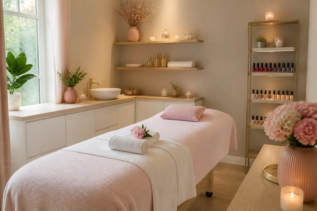 Cabine d&rsquo;institut de beauté avec table de soin, serviettes pliées et éclairage tamisé