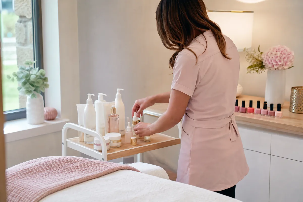 Esthéticienne préparant un soin du visage, produits alignés sur une desserte