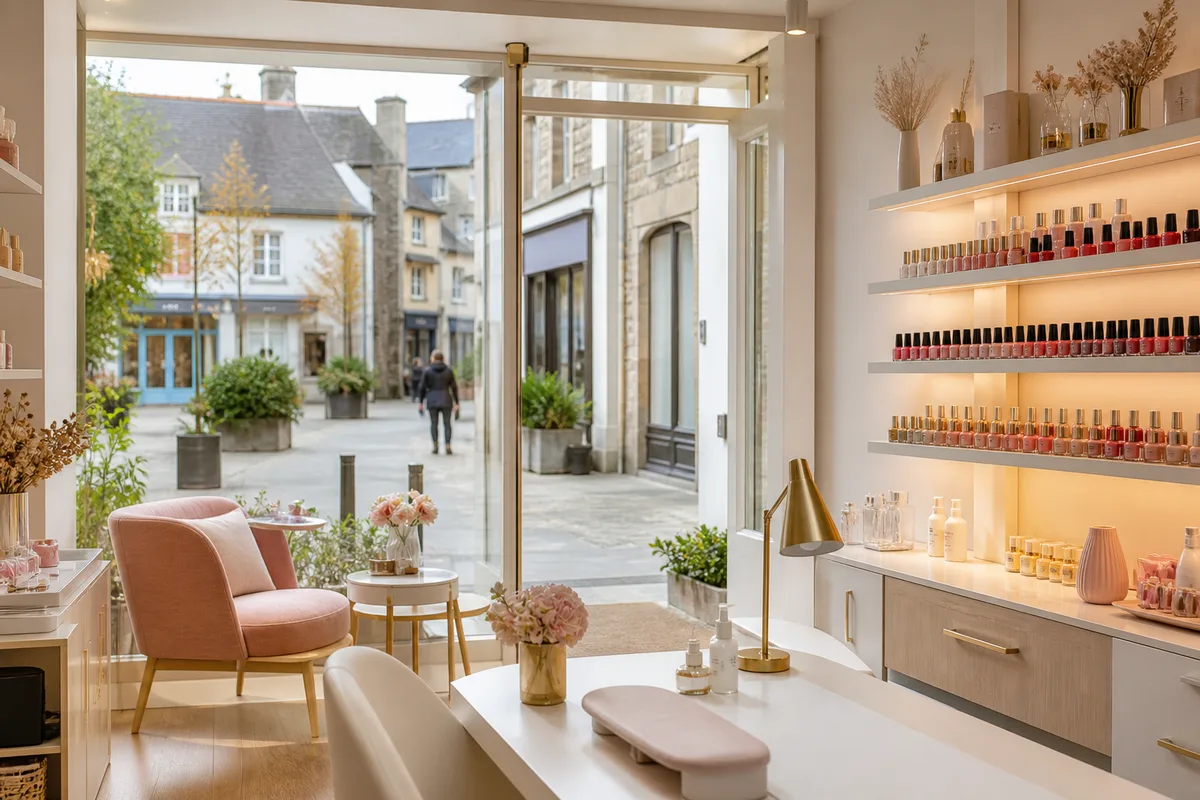 Rue de bourg breton avec devantures de commerces de proximité