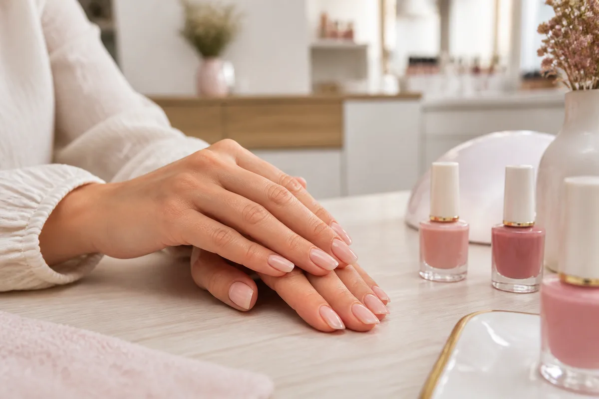 Mains posées sur un plan de travail après une pose en gel finition nude