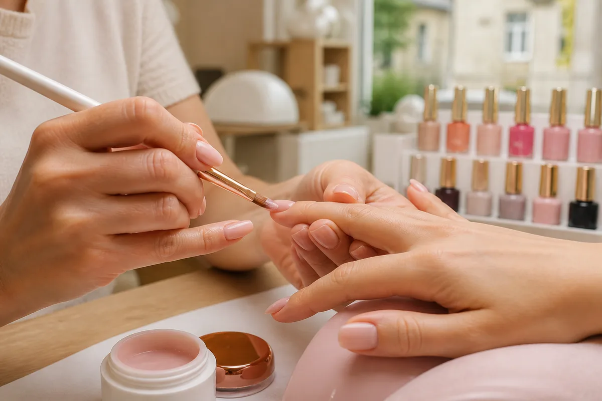 Prothésiste ongulaire modelant une pose en gel au pinceau sous éclairage de poste